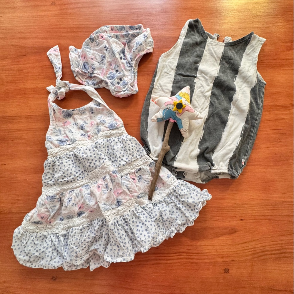 Floral Baby Dress and Striped Romper Set